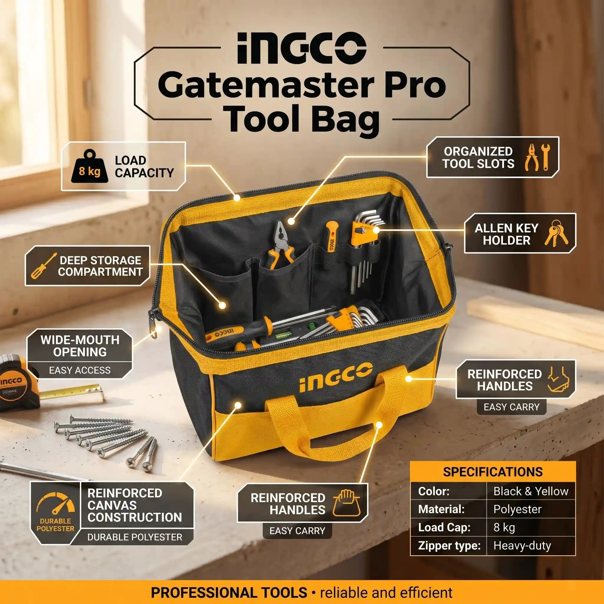 حقيبة أدوات قماشية واسعة الفم Gatemaster Pro من INGCO