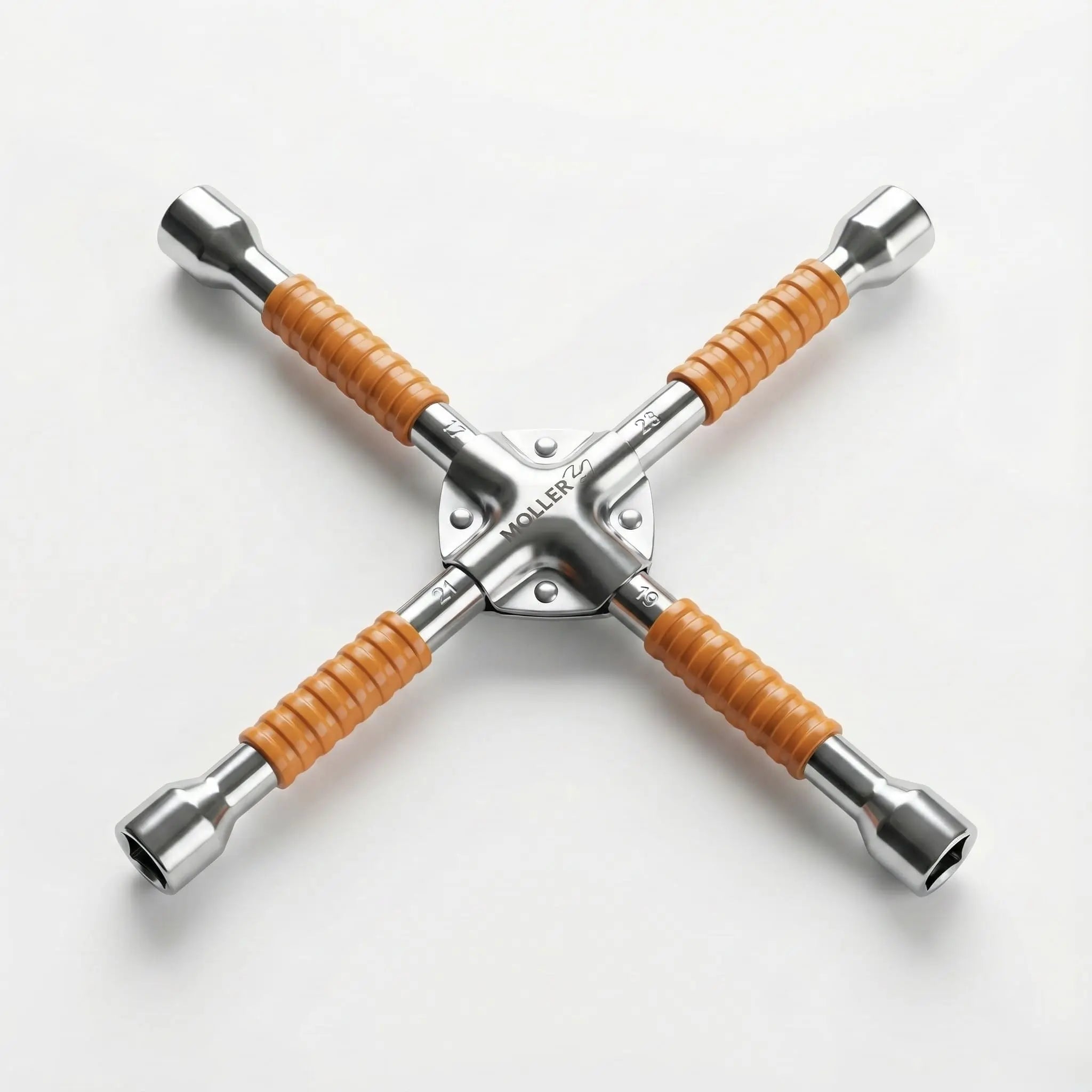 4-Way Wheel Spanner Heavy Duty Lug Wrench 17x19x21x23 – Chrome Vanadium Steel with Orange Grip