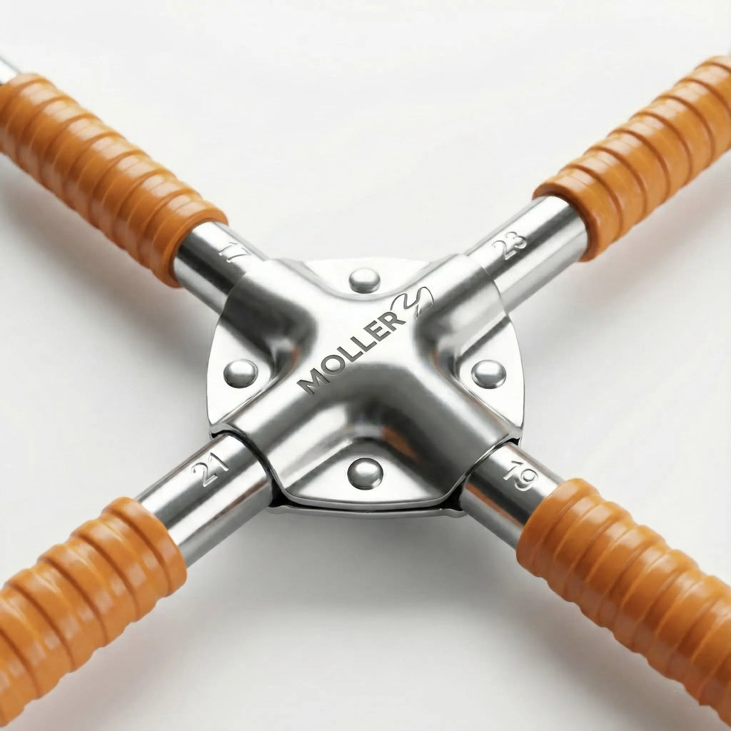 4-Way Wheel Spanner Heavy Duty Lug Wrench 17x19x21x23 – Chrome Vanadium Steel with Orange Grip