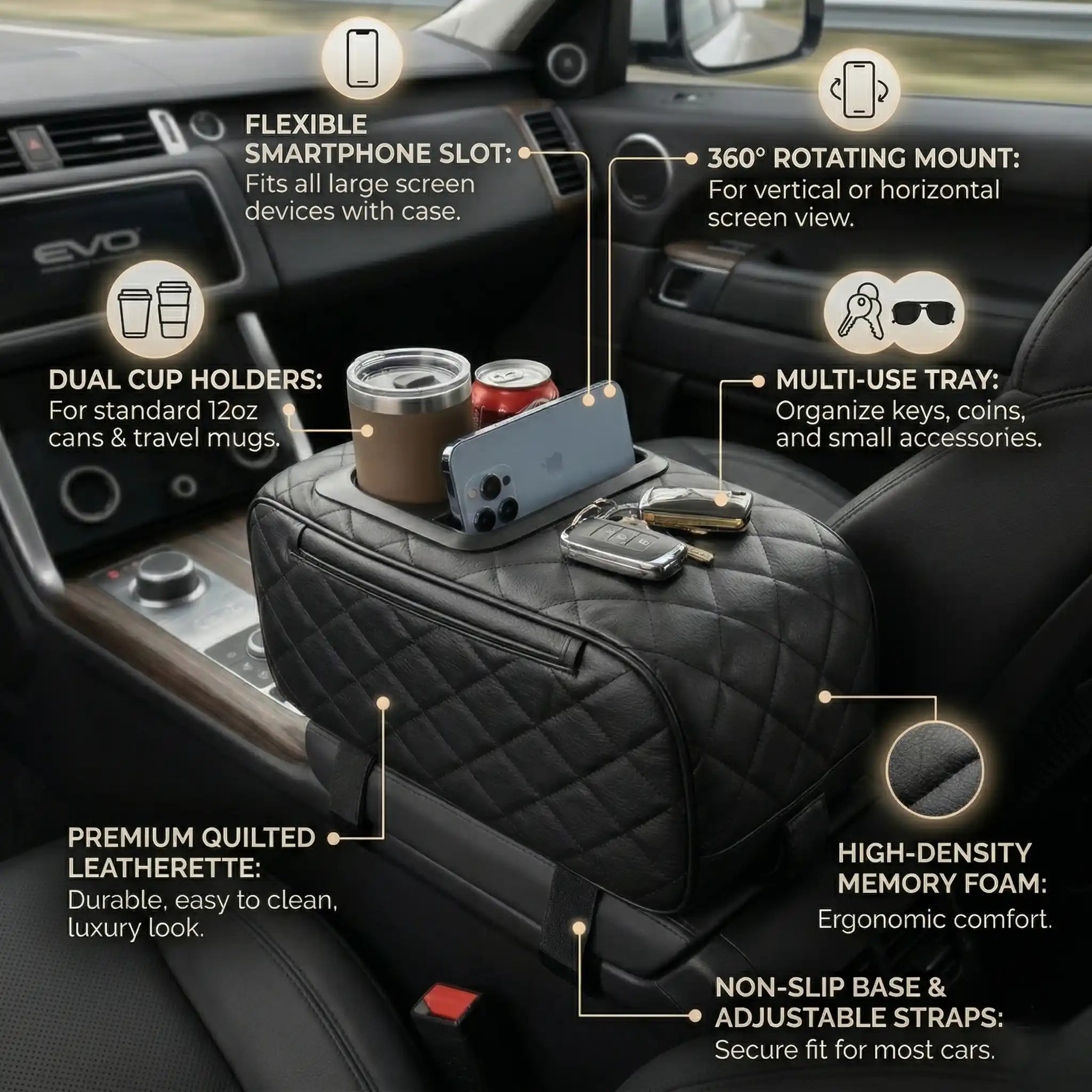 Car Armrest with Cup Holder and Phone Holder