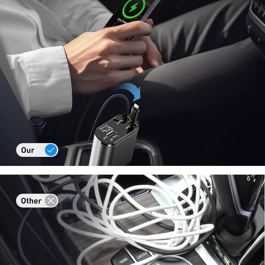 100W Smart Retractable Car Charger - Fast Charging with Digital Display