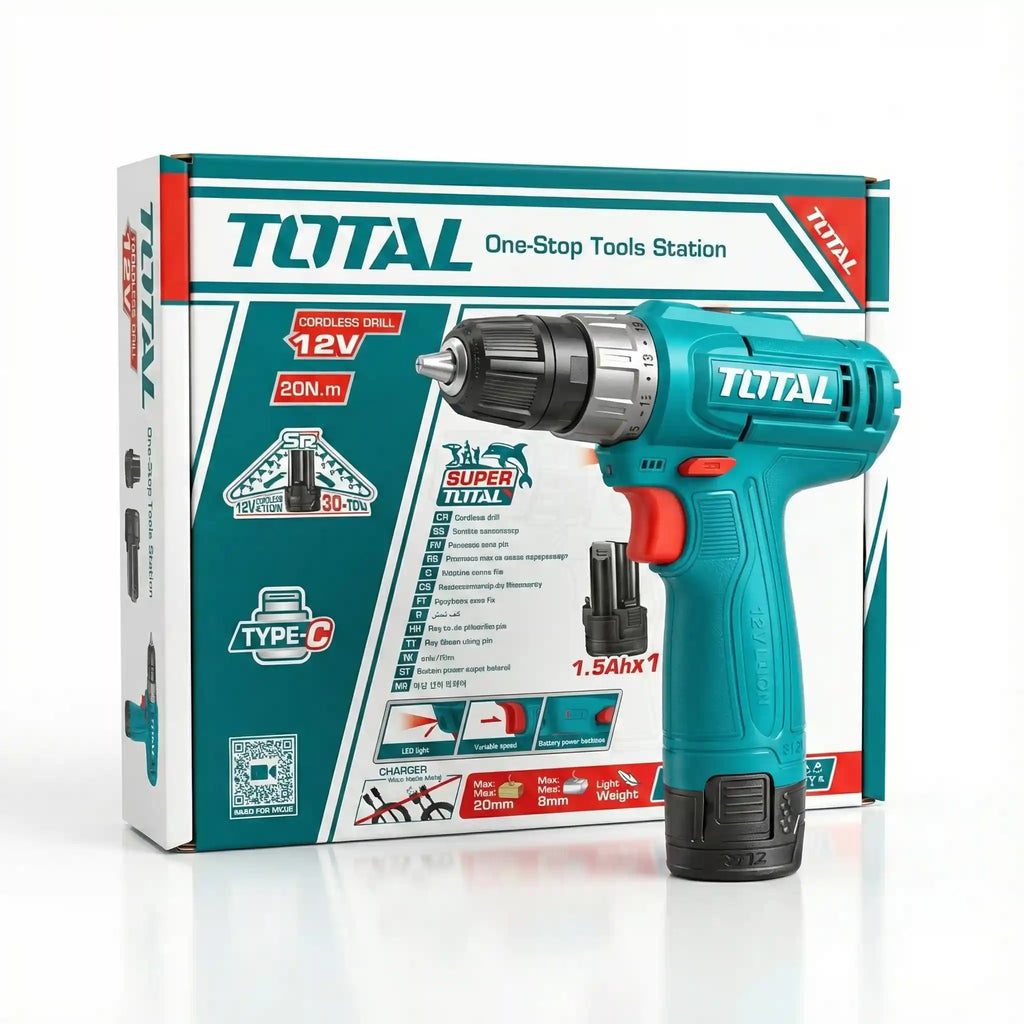 مثقاب لاسلكي TOTAL 12V مع ظرف- 20 نيوتن متر – بطارية 1 * 1.5 أمبير في الساعة -من النوع C