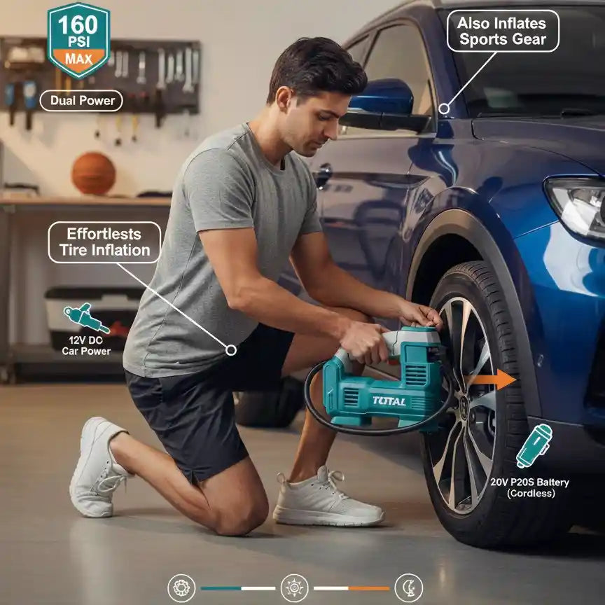 TOTAL 20V ضاغط هواء محمول لاسلكي للسيارة – سلسلة Super – حتى 160PSI / 11Bar