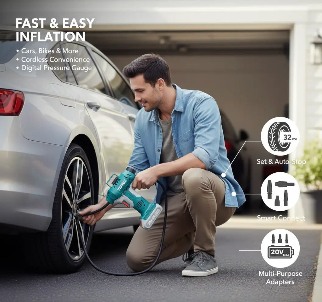 TOTAL 20V Li-ion Cordless Air Inflator - Portable Tyre Compressor for Cars & Bikes - Model TACLI2001