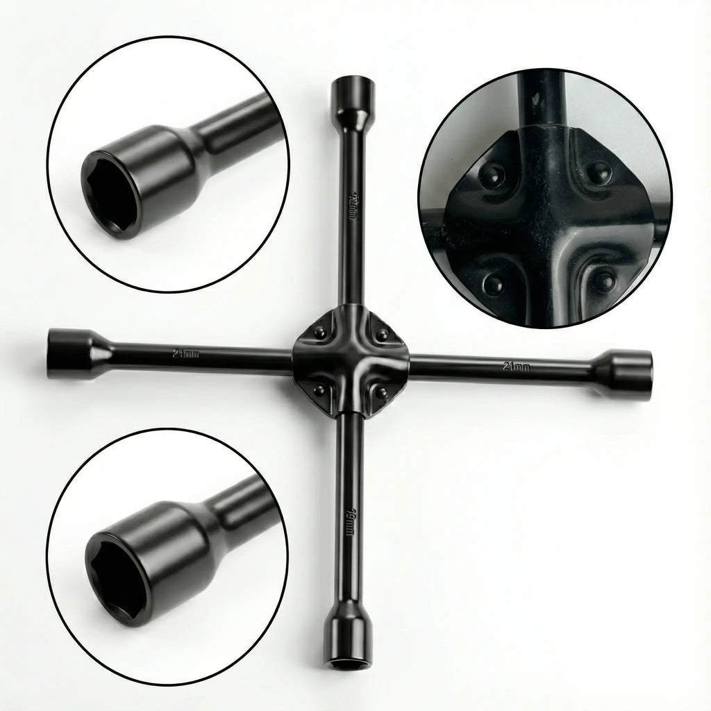 Professional 4-Way Cross Wheel Spanner - Heavy Duty Carbon Steel - Universal Lug Wrench.